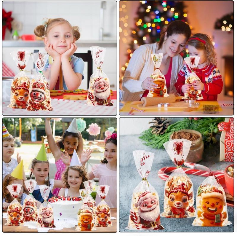 120 Pcs Christmas Cellophane Bags Xmas Candy Bags Clear OPP Material with 150 Twist Ties for Party Supplies 27 x 12.5 cm Festive Design