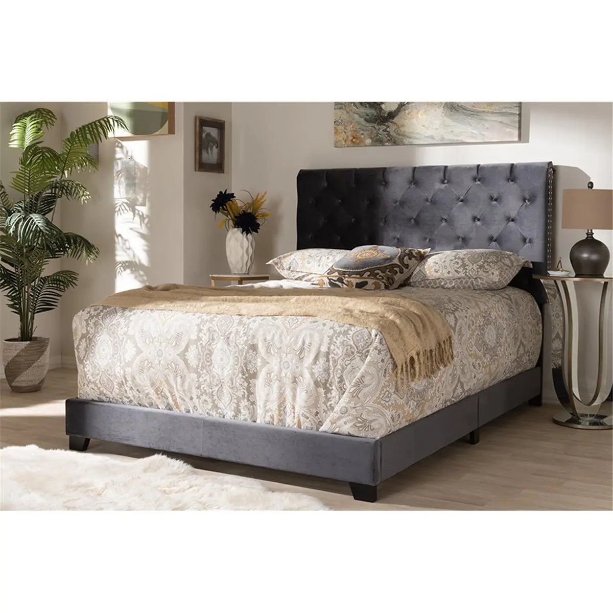 212 MAIN Candace Queen Size Dark Grey Velvet Tufted Upholstered Bed - Freestanding Frame, Mixed Material Indoor Bed with Luxe Design, Scrolled Back Headboard, Freestanding Frame Beds