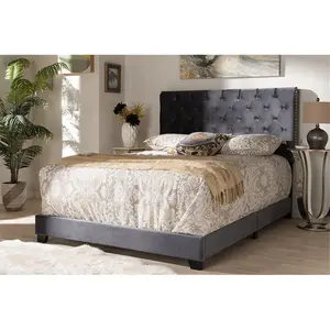 Baxton Studio Candace-Grey-Queen Candace Luxe & Glamour Dark Grey Velvet Upholstered Bed - Queen Size