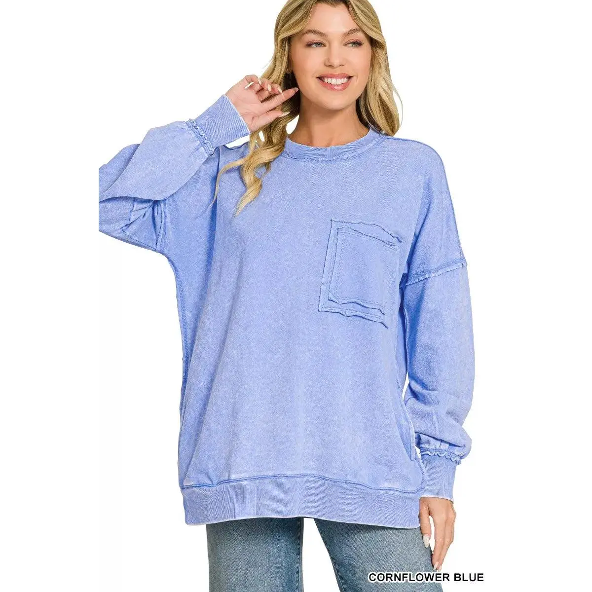 ZENANA  Acid Wash Raw Edge French Terry Sweatshirt with Front Pocket