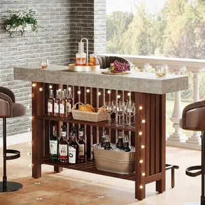 LustreC 63-Inch Large Home Bar Unit, 2-Tier Kitchen Island Mini Bar Height Pub Table with Footrest, Modern Coffee Bar Cabinet for Dining Room, Bistro, Living Room Red Brown & Gray Cement Texture
