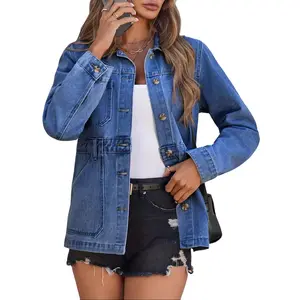 PiePieBuy Women's Oversized Distressed Denim Shacket Jacket - Boyfriend Style, Long Sleeves, Soft Modal Fabric, Breathable, Casual, Comfortable, Button-Down, Durable 2025 Trendy Top & Coat, Longsleeves