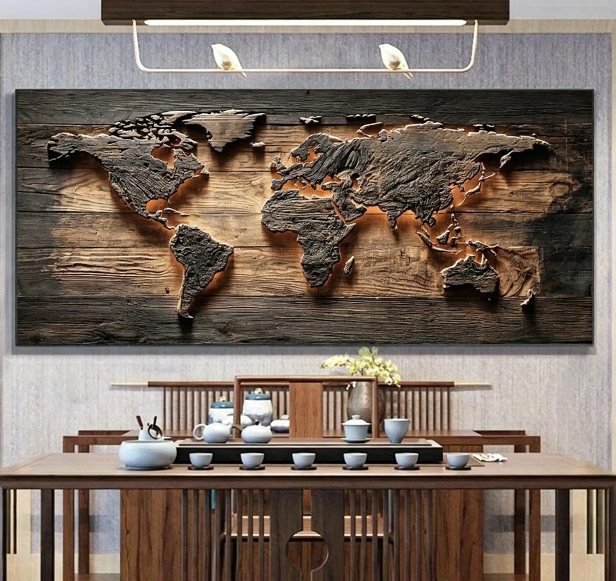 Dark Brown-Golden Multi-Textured Canvas Print Art, Modern Abstract World Map Decoration, Minimalist Wall Art for Living Room, Indoor Home Decor Supplies