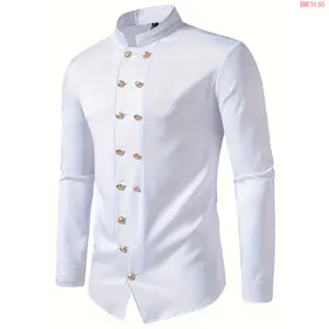 Bmuvlss Men'S Vintage Royal Palace Retro Shirt, Slim Fit Polyester 95% Spandex 5% with Metal Buttons, Stand Collar, Solid Color, Non-Stretch Fabric, Regular Fit for Teen, Fall Season - 140g/m² Woven