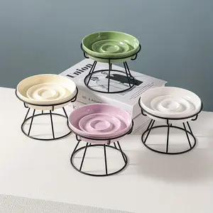 Ceramic Cat Bowl with Iron Stand - Slow Feeding Pet Bowl, Neck Protection, Anti-Tip Design, Suitable for Kittens Under 10 Months and Under 15 Pounds