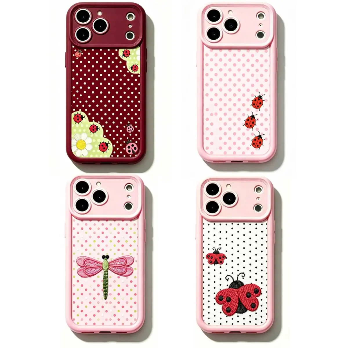 Whimsical Pink Ladybug Phone Case with Cute Cottagecore Aesthetic – Adorable Ladybird Patchwork Polka Dot Floral Design, Kawaii  Cartoon Art, Soft Durable TPU Cover with Lens Protection, Compatible with Samsung iPhone 17 Pro Max, Ideal Gift for Her & Him