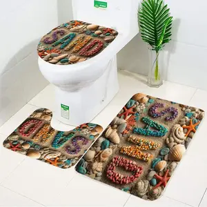3-piece beach bathroom mat set, featuring pebble, seashell, and starfish patterns, made of flannel, suitable for bathroom floors, toilet seat cover, Bathroom Rug Set