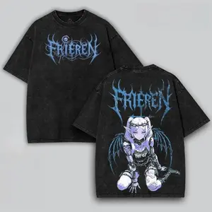 Frieren Gothic Manga Anime Graphic T Shirt Oversized Double Printed Washed Cotton Unisex Short Sleeve Top Retro Dark Style Streetwear Soft Breathable Casual Daily Outfit Trendy Anime Fan Apparel for Men Women H96
