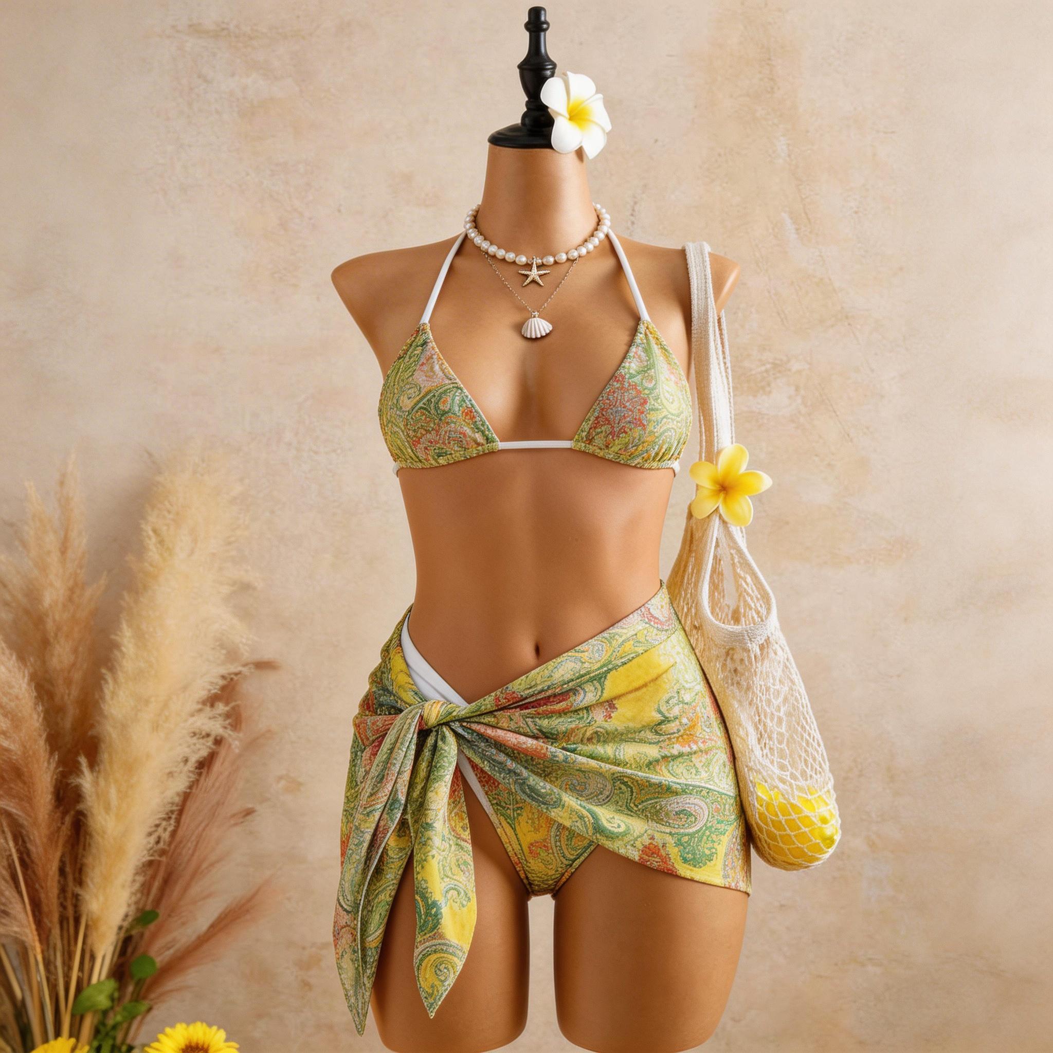 Floral Bikini Set with Sarong for Women – Triangle Two Piece Swimsuit with Wrap Skirt Cover Up, Sexy Beachwear, Summer Vacation Outfit egg yellow
