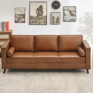 Brown 81 Inch Mid Century Modern 3 Seater Faux Leather Sofa Deep Seat Upholstered Couch with Soft Cushion and Removable Cover Stylish Durable Home Furniture for Living Room Office