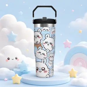 30oz Chiikawa Stainless Steel Tumbler with Handle, Kawaii Cute Anime Print Double Wall Insulated Travel Mug with Lid, Large Capacity Vacuum Cup for Water Coffee, Portable Car Cup for Home Office School Outdoor Use, Gift for Women Men