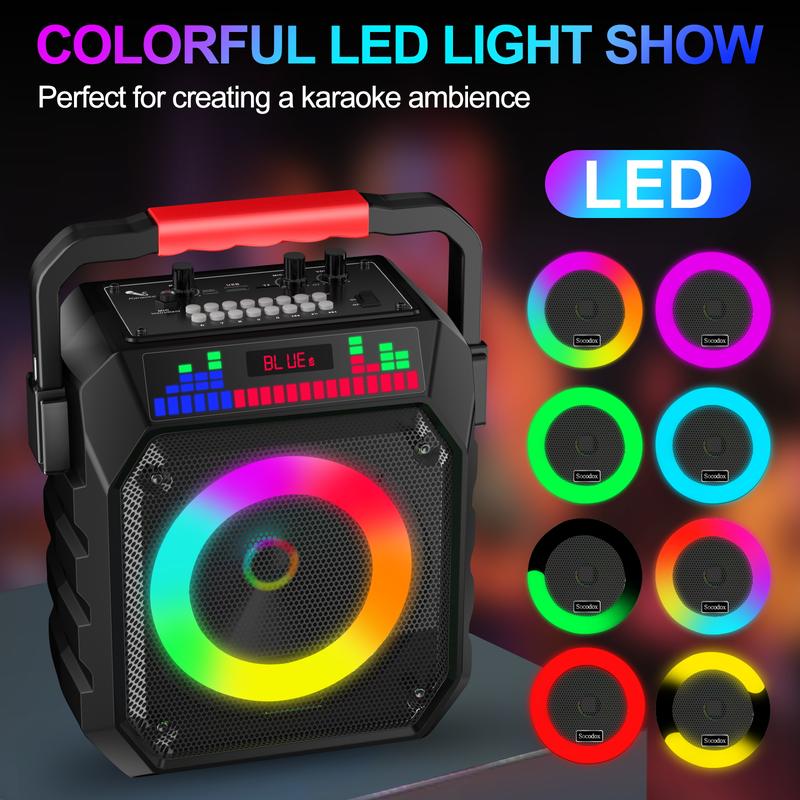 Socodox Karaoke Machine for Adults & Kids Portable Bluetooth 5.2 Speaker with 2 Wireless Microphones RGB Lights AUX USB TF AUX Home PA System for Family Party Outdoor Fun
