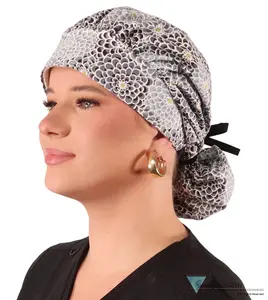 Banded Bouffant Ponytail Scrub Cap - Dazzling Dahlias Black and Grey with Black Ties
