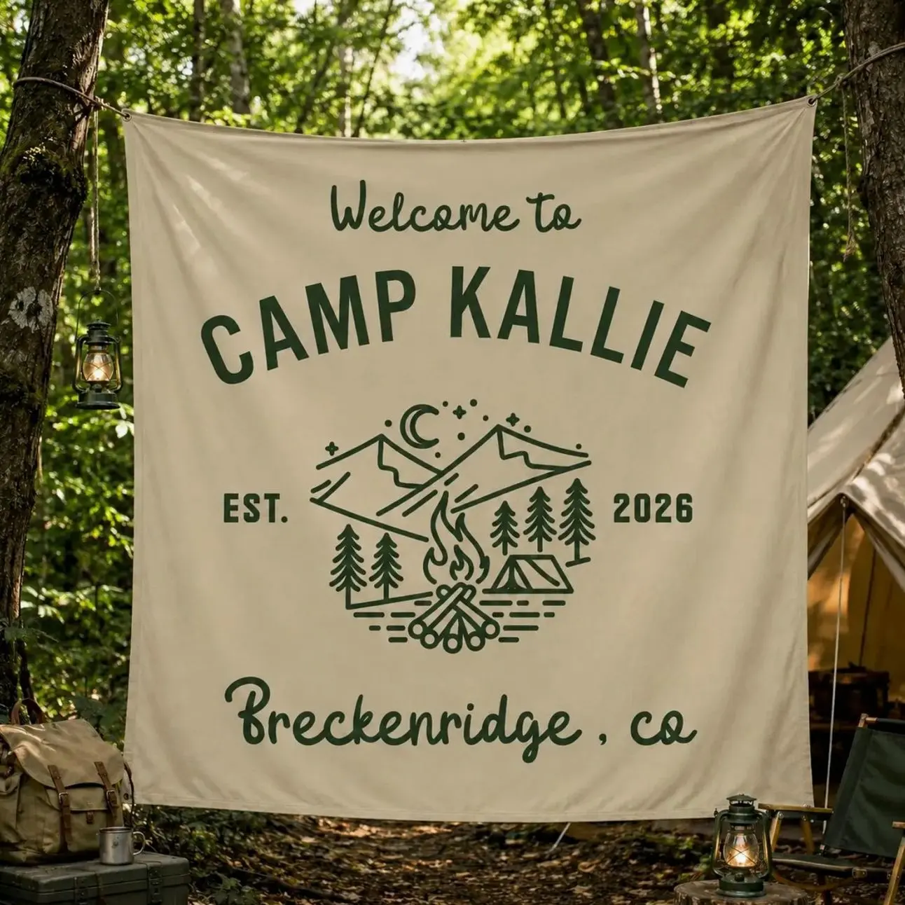 Personalized Camp Bachelorette Tapestry,Custom Name Location Camping Banner,Welcome To Camp Backdrop,Camp Birthday Decor,Forest Party Sign