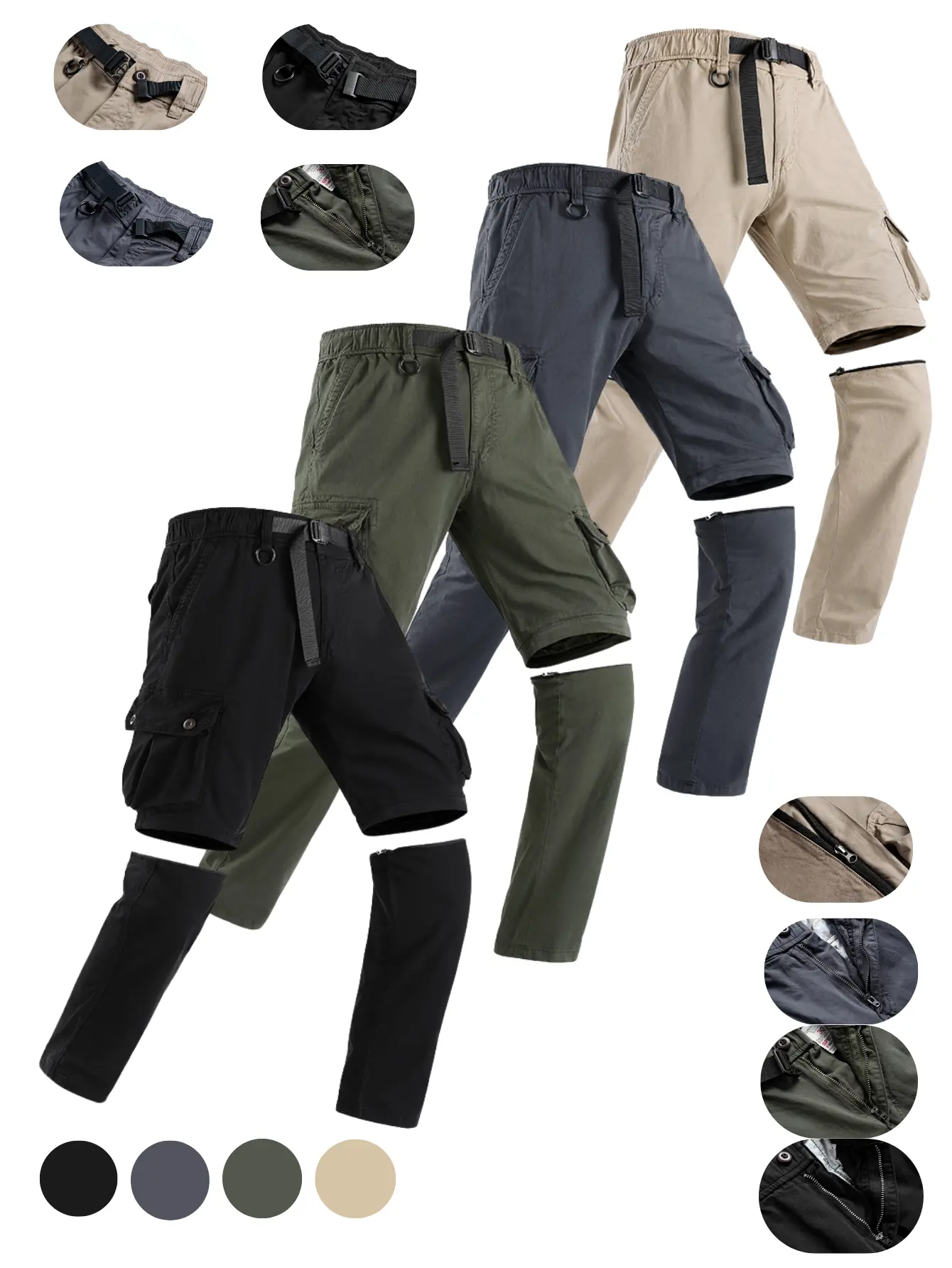 Men’s mid-to-high-waist cargo pants with detachable two-way wear; button and zipper front closure; includes adjustable webbing belt and full pant loop; double-layer reinforced stitching with exposed seams; removable zippered leg section that converts to s