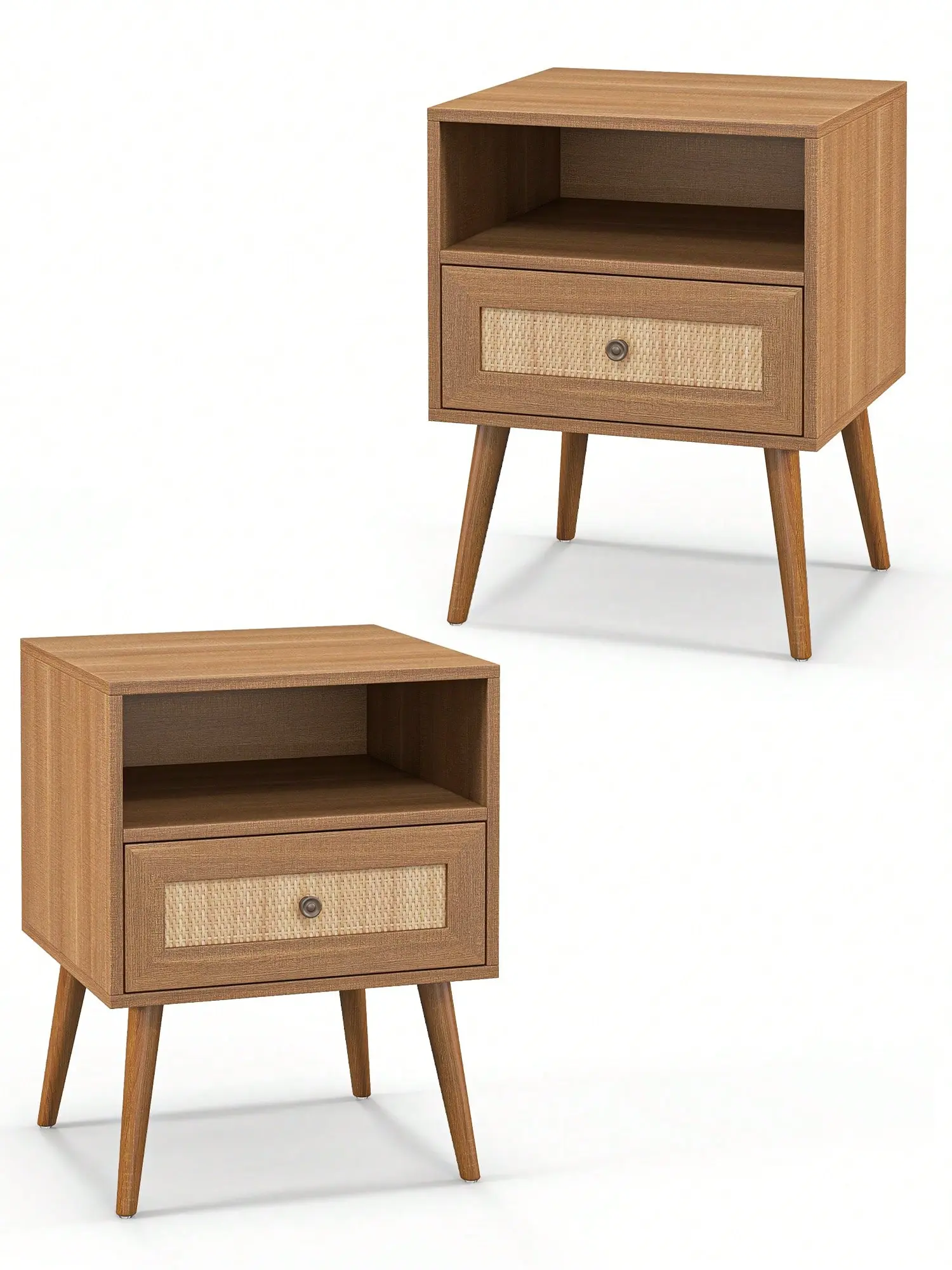 Topwin Boho Rattan Nightstands (2 Pack) with Charging Station, Drawers, Storage Shelf, Rubber Wood Frame - Minimalist Modern LED Bedside End Side Table, Nightstand with Drawers, Bedroom Furniture, Boho Rattan Nightstand