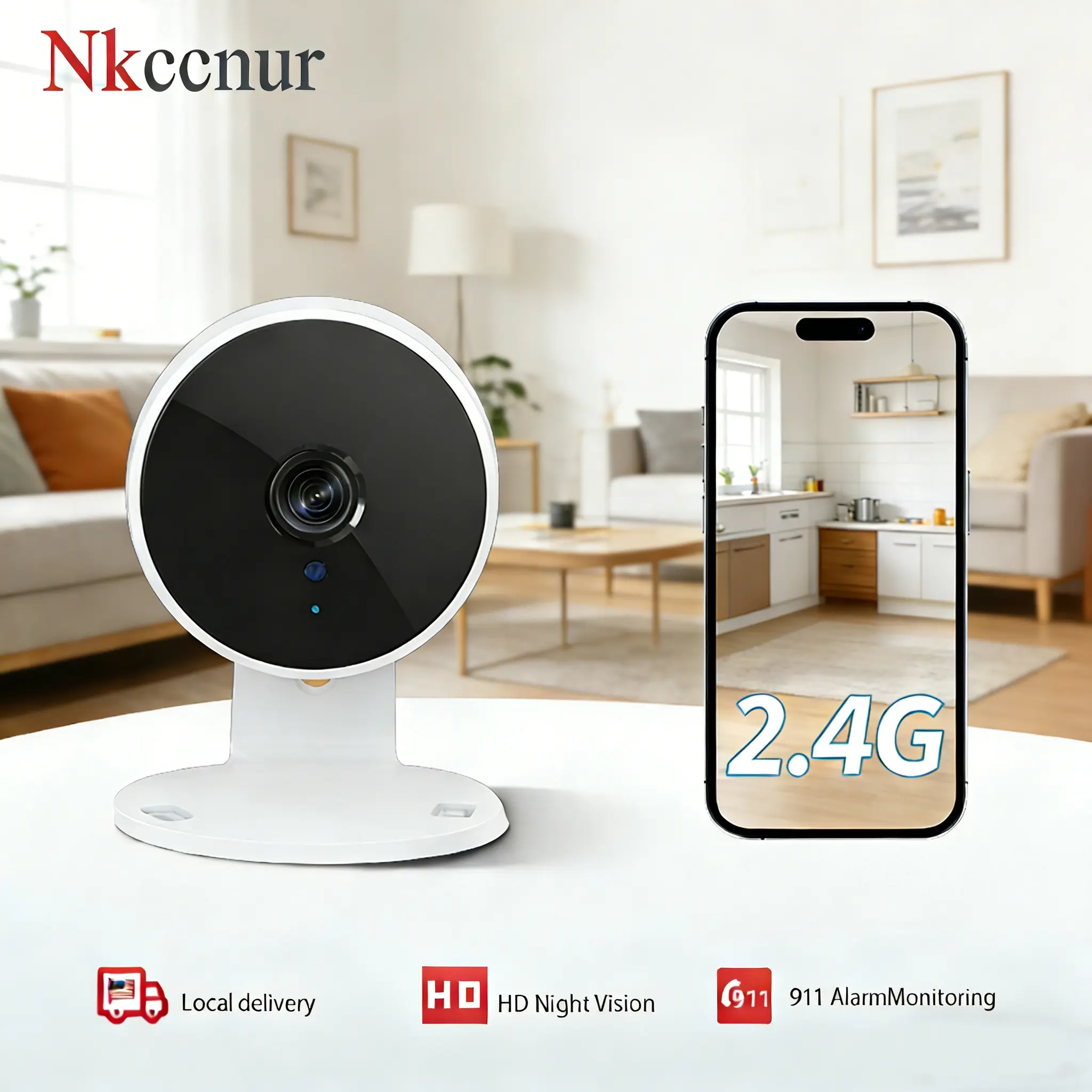 Home Security Wi-Fi Smart Surveillance Camera with 1-Touch 911 Alert, 2-Way Audio Voice Intercom, Human/Animal Intelligent Detection, HD Display, Motion Detection