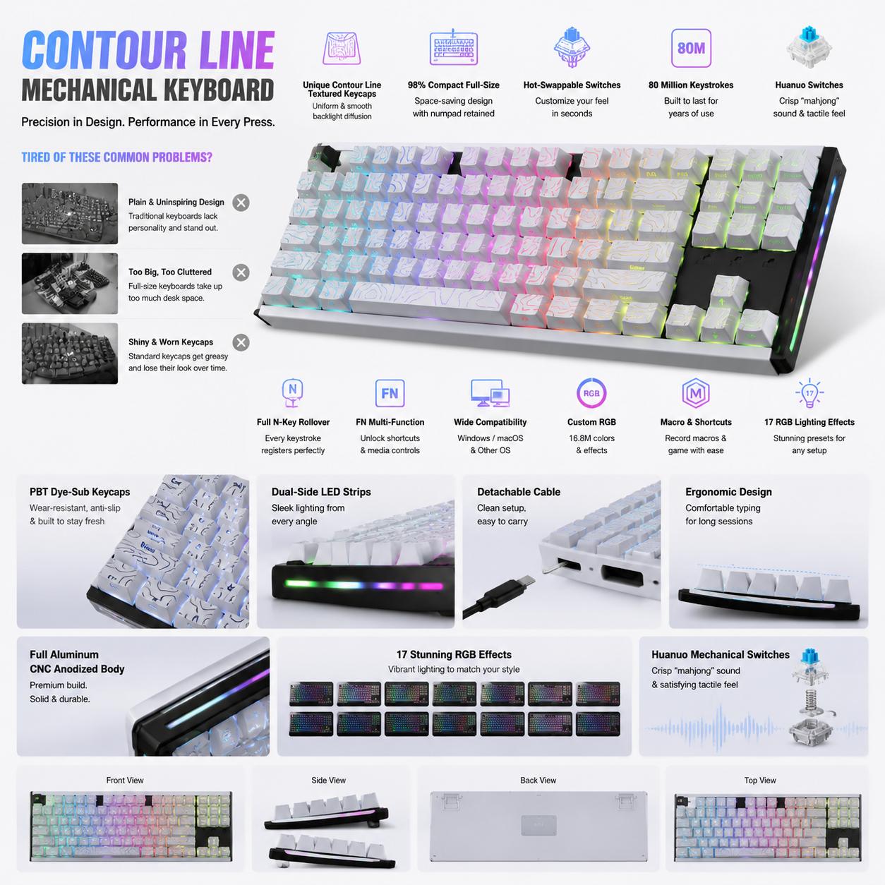 Full Size 104-Key CNC Full Aluminum Mechanical Keyboard, Hot Swappable Wired Gaming Keyboard with White Topographic Lines, Side-Printed Backlighting