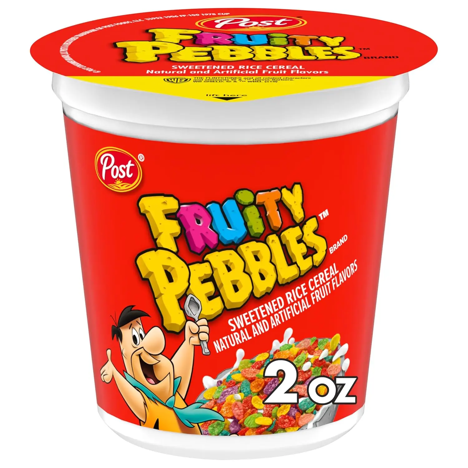 Post Fruity PEBBLES Cereal, Fruity Kids Cereal, Gluten Free Rice Cereal for Kids, 2 OZ Individual Cereal Cup (Pack of 12)