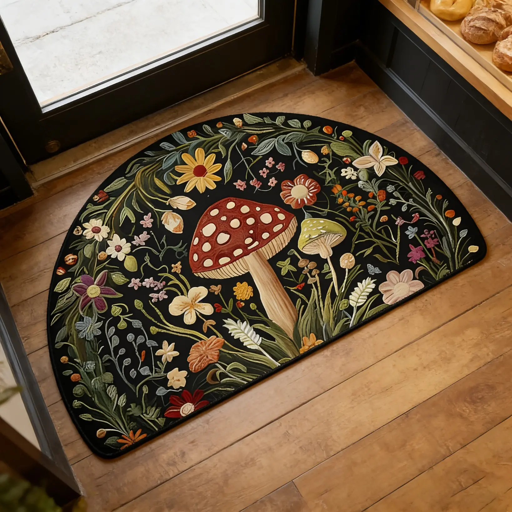 Non-Slip Polyester Door Mat, Vintage Mushroom Design, Vintage Floral Rug, Indoor Outdoor Use, Soft Stress Relief Welcome Rug, Durable Home Decor Carpet, Home Decor Rugs, Decorative Area Rug, Household Decorative Rug, Decorative Mats