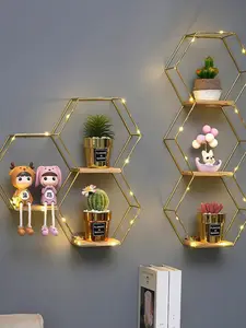 1pc (With Hook) Wrought Iron Wall Mounted Storage Rack With Lamp, Home Decorative Combinable Display Shelves With No Hole Hanging Installation For Storing Green Plants, Dolls, Flowers And Other Gadgets