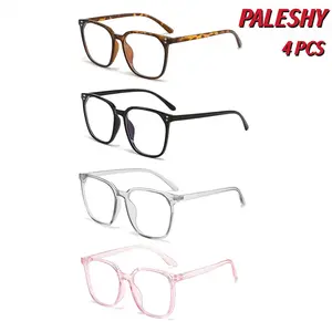 PALESHY 4-Pack Blue Light Blocking Glasses Anti-Round Face Eyewear Set with 4 Fashion Frame Colors, Leopard Pattern, and Windproof Design unisex square classic flat glass