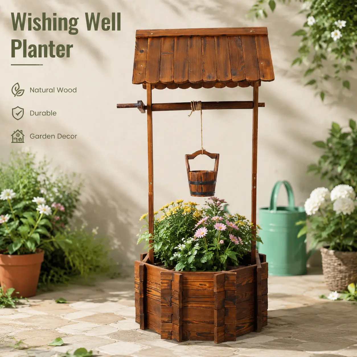 littleox Rustic Wooden Wishing Well Planter Outdoor Home Décor for Patio, Garden, Yard w/Hanging Bucket