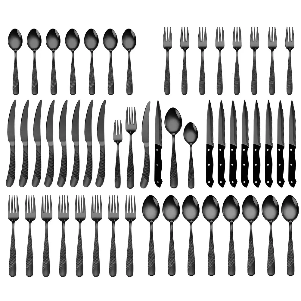Classic 48-Piece Hammered Metal Flatware Set for 8 (Fits 6-10 People) - BPA-Free, Rustproof Stainless Steel Tableware with Steak Knives, Forks, Spoons, Scratch-Resistant Cutlery for Everyday Use, Housewarming, Campfire/BBQ Party