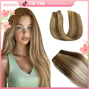Platinum Blonde Highlight Sew In Extensions 24 Inch Real Human Hair Weft Extensions 120G Double Weft Remy Human Hair Bundles For Women Hand Tied Full Head Straight Hair Weaves