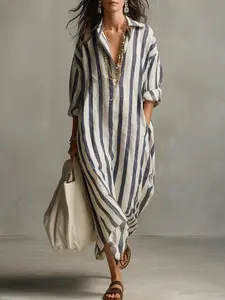 Women's Oversized Striped Shirt Dress, Mixed Fabric Notch Lapel Loose Outerwear, Fashion V-Neck Long Striped Three-Quarter Sleeve Dress