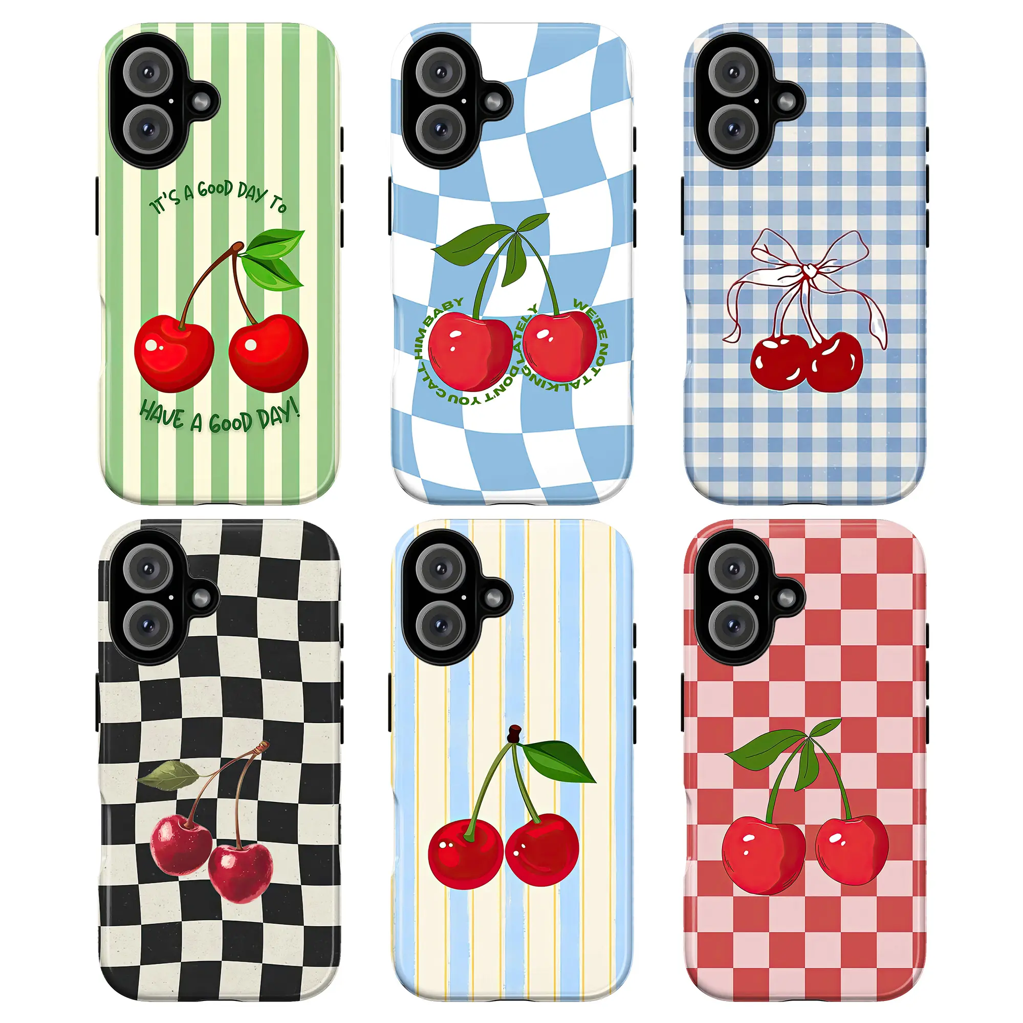 Cherry Pattern Tough Phone Case, Cute Checkered & Striped Aesthetic Protective Covers, cute gift