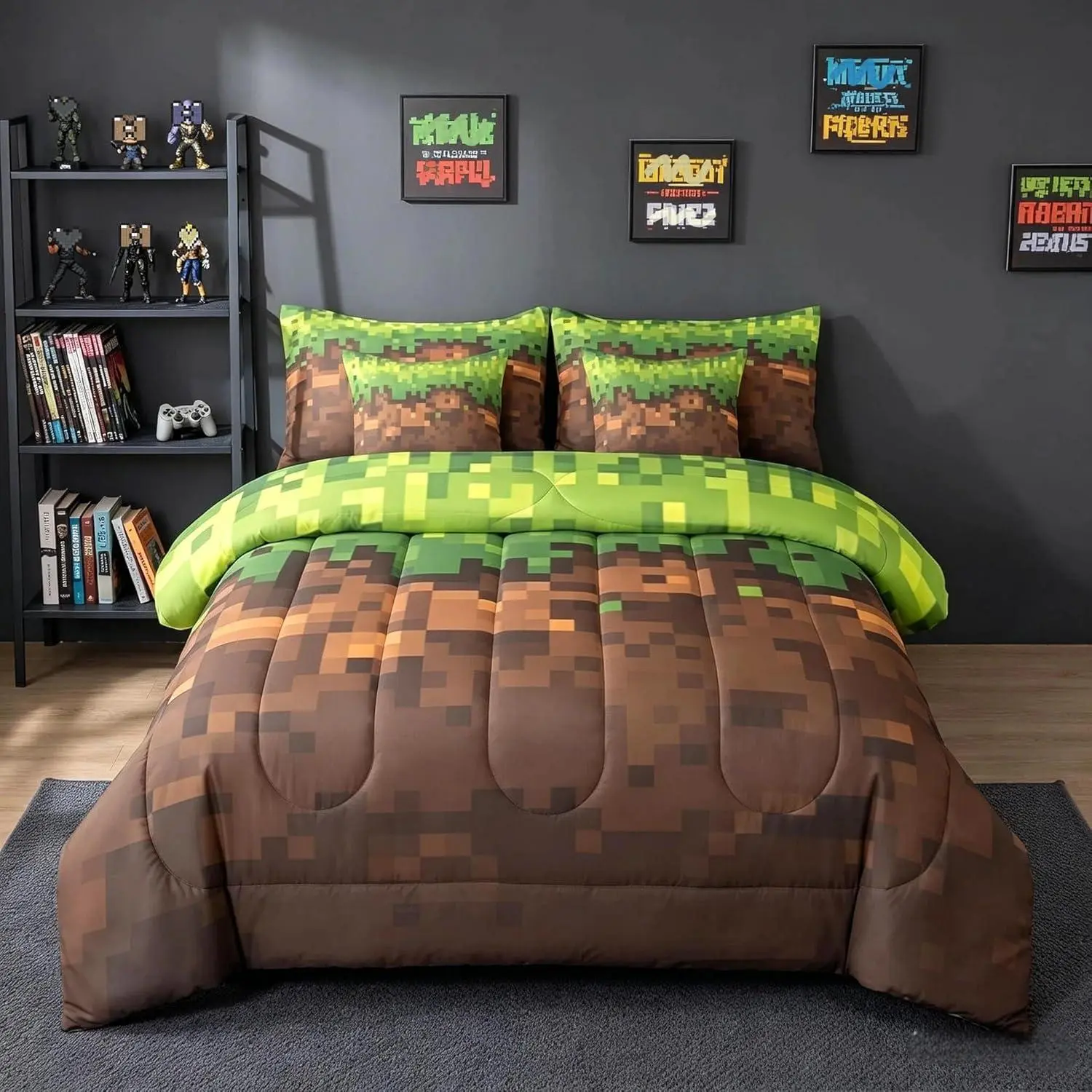 Pixel Theme Comforter with Sheet Set 7 Pieces Geometric Square Bedding Set for Kids Boys Girls Gamer Bed in a Bag Mosaic Bedroom Decor Green Brown