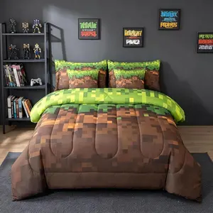 Pixel Theme Comforter with Sheet Set 7 Pieces Geometric Square Bedding Set for Kids Boys Girls Gamer Bed in a Bag Mosaic Bedroom Decor Green Brown