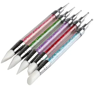 2 In 1 Nail Art Silicone Rhinestone Picking Dotting Pens, Nail Art Diy, 5 Counts Acrylic Carving Emboss Building Brush Tools, Manicure & Pedicure Tools, Glitter Rhinestones