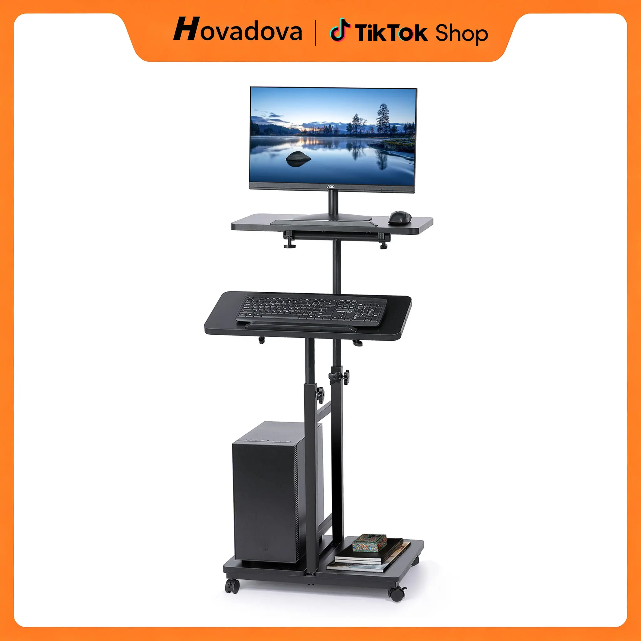 Mobile Computer Cart with Tower Stand, 27.5"-47.2" Height Adjustable | Standing Or Sitting; Portable Standing Desk with Wheel, Rolling Laptop Stand Desk Home Office Computer Workstation
