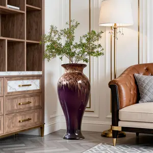 Hand-blown Purple Stained Glass Tabletop Vase with Golden Grain Glazed Glass Grain Wide Mouth Decorative Vase for Living Room Dining Room Fireplace Shelf Vintage Home Decor Rustic Farmhouse