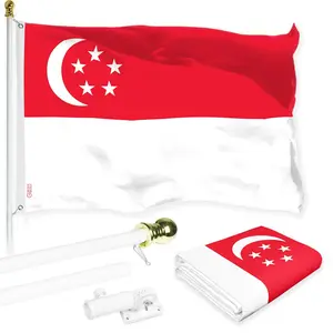 G128 Combo Pack: 6 Ft Tangle Free Aluminum Spinning Flagpole (White) & Singapore Singaporean Flag 3x5 Ft, LiteWeave Pro Series Printed 150D Polyester | Pole with Flag Included