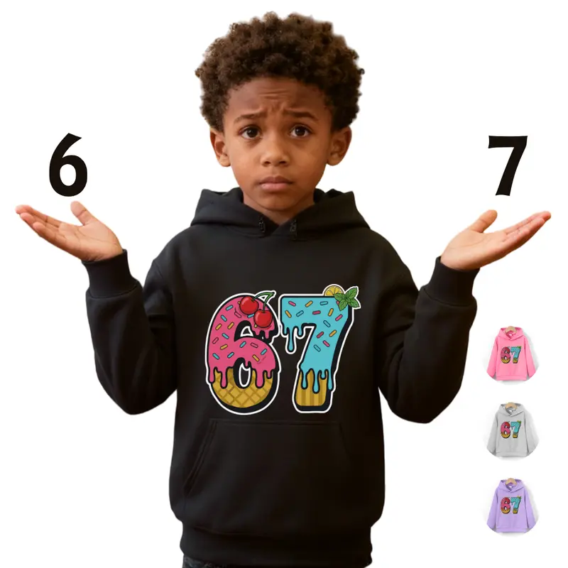 Kids' 67 Meme Style Graphic Hoodie Sweatshirt, Ice Cream Drip Gen Alpha Slang Funny Winter Top for 6-7 Year-Old Boys Girls