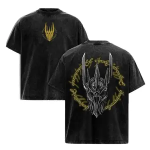 Retro Washed Dark Lord Helmet Graphic T-Shirt, Golden Elven Text Print, Oversized Unisex Casual Streetwear for Outdoor