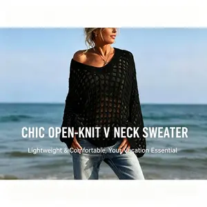 Women's Casual Everyday Loose-Fit V Neck Top, Hollow Out Design, Polyester Knit Fabric, Hand Washable, All Season Wear, Knitwear