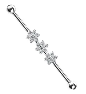 Triple Flower Clear CZ Titanium Industrial Barbell
