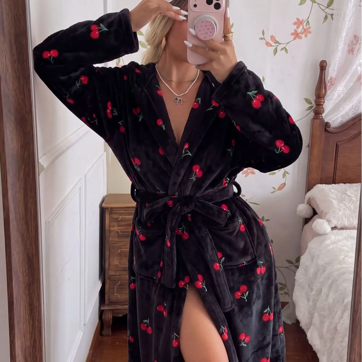 Women Black Cherry Print Flannel Hooded Robe With Belt Soft Warm Long Bathrobe Loungewear