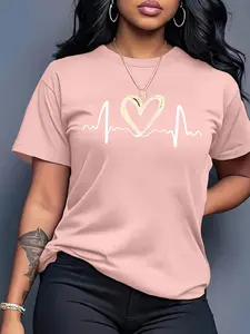 Heartbeat & Gold Heart Women's Casual Short Sleeve Crew Neck Cotton T-Shirt – Bestselling Romantic Graphic Print, Heather Brown, Machine Washable Spring & Summer Top, Soft Skin-Friendly Fabric, Daily Versatile, Fashion Design