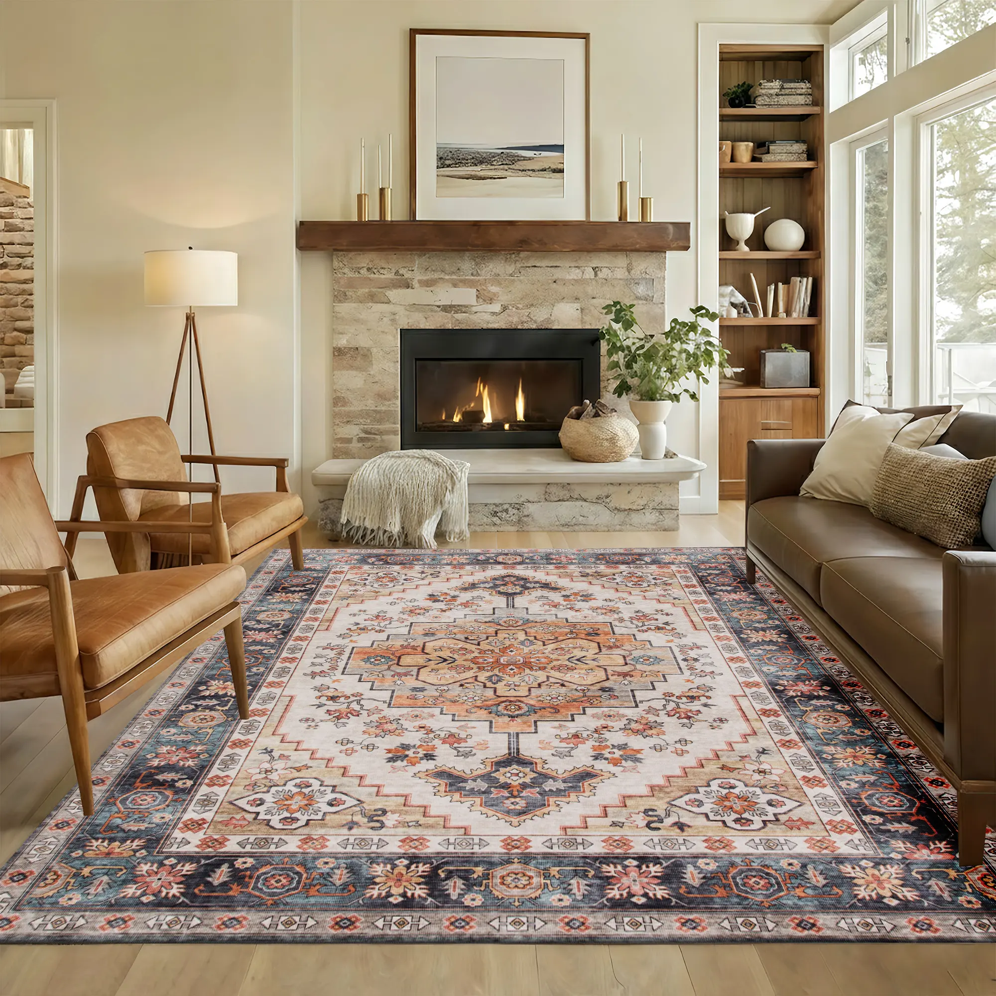 Area Rug 4x6, Machine Washable Rug, Non-Slip Boho Print Pattern Medallion Carpet for Living Room, Bedroom, Tawny Brown