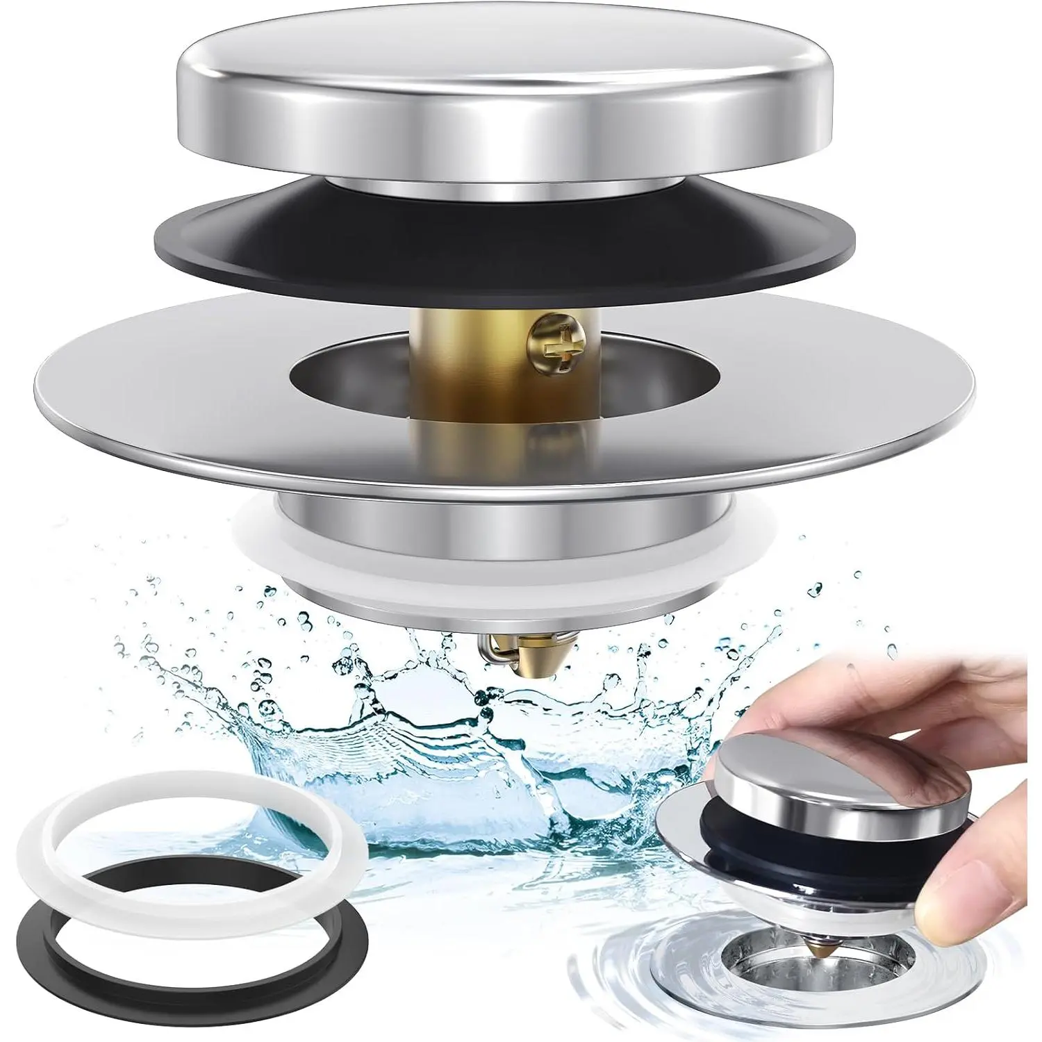 Chrome Plated Universal Tip  Tub Stopper and Water Stopper, Pop Up Bathtub Drains Plug, Bathroom Bath Tub Drain Stoppers, Replaces Lift and Turn, Tip- and Trip Lever drains for Tub, EZ Install