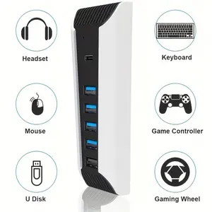 6-in-1 USB hub for PS5, featuring 4 USB 2.0 ports, 1 fast USB charging port, and 1 Type-C port. It is a high-speed plug-and-play adapter designed for the PlayStation 5 console (not compatible with PS5 Slim/Pro models)