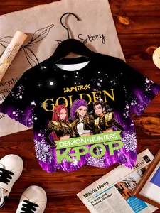 Summer Kpop Huntress Girl Group Derpy Digital Print Fashion Girls' T-Shirt, Stylish Kids' Clothing, Trendy Apparel