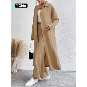Women's Solid Button Front Shirt & Wide Leg Pants Two-piece Set, Casual Drop Shoulder Long Sleeve Top & Trousers Set, Women's Clothes for Daily Wear, Casual Loungewear Set
