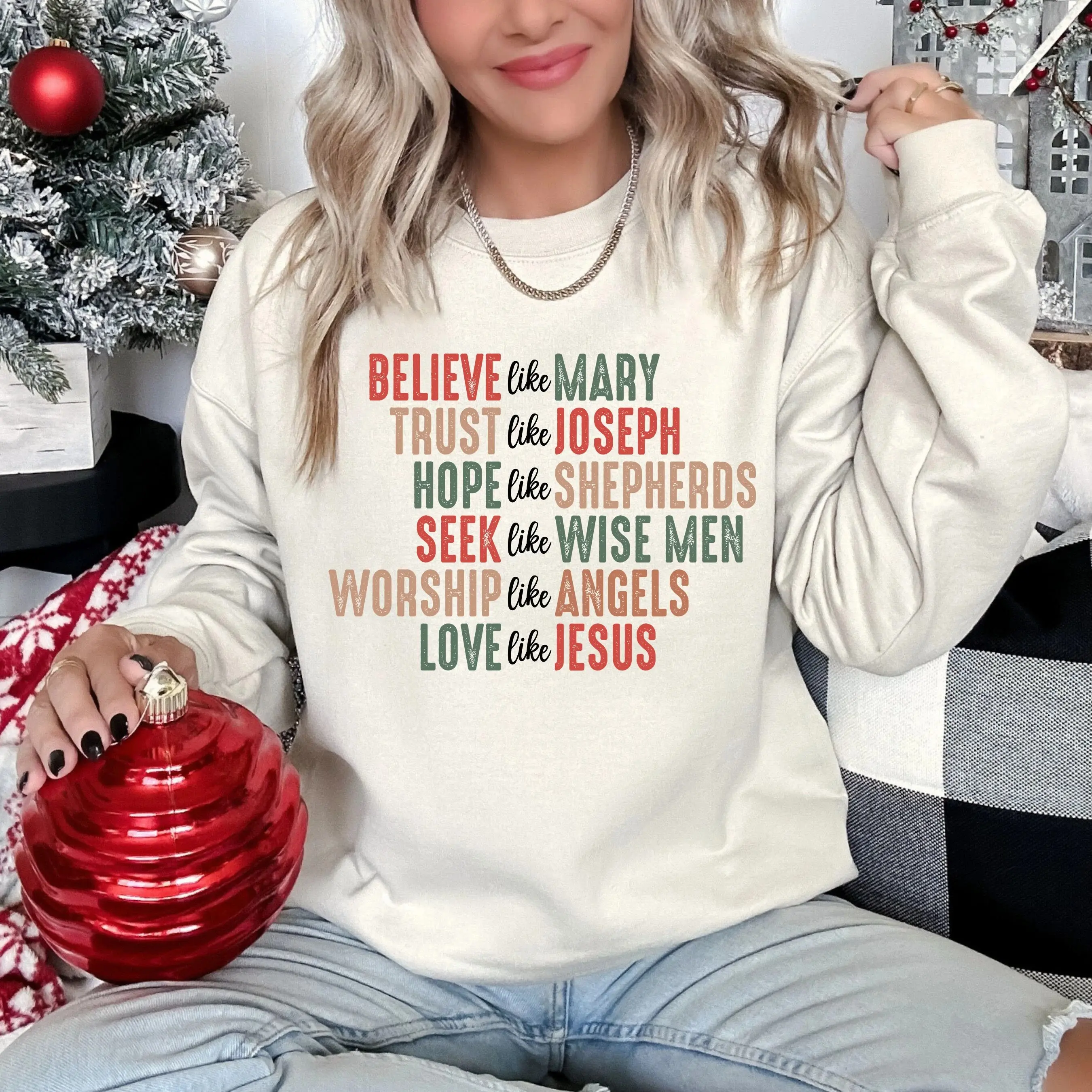 Believe Like Mary Love Like Jesus Christmas Sweatshirt, Christian Christmas Faith Crewneck, Religious Holiday Shirt, Faith Based Graphic T-Shirt, Jesus Lover Gift for Women, Church Holiday Apparel, Cozy Winter Sweatshirt, Spiritual Gift