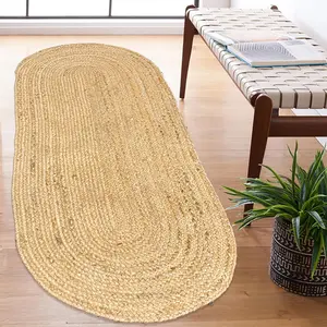 Jute Braided Boho Runner Rug - 2x7 ft Oval Long  Jute Runner, Artisanal  Farmhouse Handcrafted Rug for Entryway, Hallway, Kitchen, Bedroom - Rustic  Decor